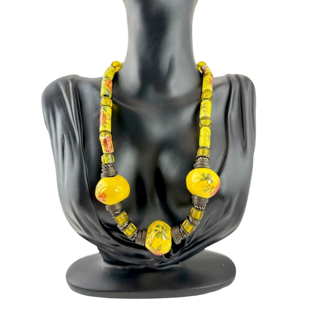 Kitschy Vintage Yellow Floral Porcelain Chunky Asian Inspired Necklace